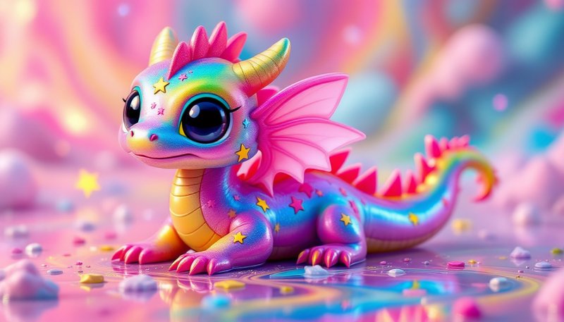 Colorful rainbow dragon toy with pink wings and star accents in a dreamy pastel scene.