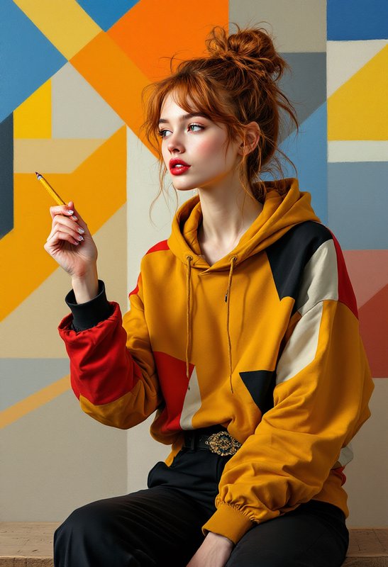 Portrait of a young woman in a color-blocked yellow hoodie holding a pencil against a geometric mural.