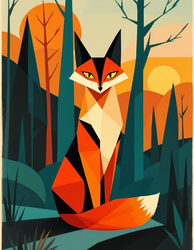 Geometric orange fox in a stylized forest at sunset, using bold shapes and teal tones.