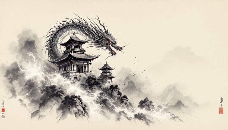 Chinese ink painting of a dragon circling ancient pagodas atop misty mountains.