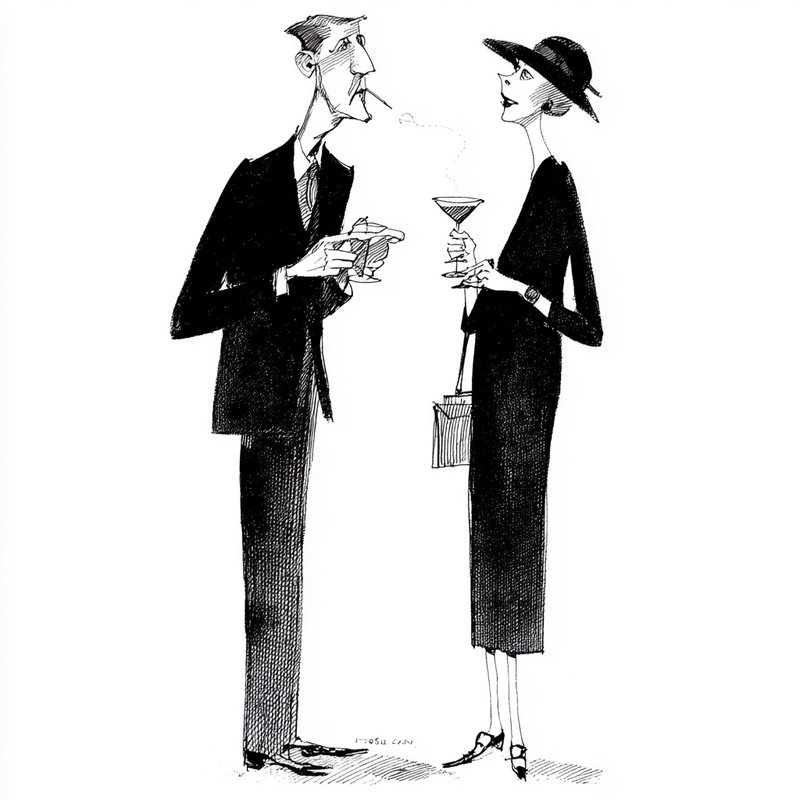 Amedeo Modigliani + Saul Steinberg + New Yorker editorial wit, where Modigliani's elongation mastery creates graceful vertical distortion through attenuated proportions and swan-like extensions, Steinberg's economical linework produces urbane clarity via confident ink strokes and architectural precision, and editorial cartoon wit infuses sophisticated visual shorthand. The fusion manifests as exaggerated vertical reach, hand-drawn line confidence, and minimalist eloquence, transforming any subject through deliberate attenuation, expressive contour economy, and wry observational linework that balances elegant distortion with intellectual playfulness.

Sophisticated rooster at a cocktail party