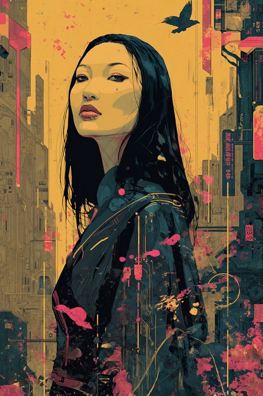 Confident woodblock contour linework creates flattened decorative clarity through bold outlines and saturated color fields, combined with splattered ink and bleeding watercolor washes producing chaotic expressive energy via wet-on-wet pigment bloom and nervous gestural marks, infused with rhythmic ukiyo-e compositional flow. The fusion manifests as warm golden-hour palettes punctuated by crimson and cherry blossom pink, sketchy ink contours dissolving into psychedelic watercolor bleeds, with whimsical caricatural exaggeration and dreamy luminous washes.

A beautiful cybernetic woman draped in sleek obsidian latex-like attire, subtle mechanical enhancements tracing her jawline and collarbone, long straight raven hair falling past her shoulders, standing in an elegant poised full-body stance, chin lifted with quiet mystery and magnetic allure, delicate ink-bled edges suggesting circuitry beneath the surface.

Scene set in a futuristic textured cityscape at dusk, muted metallic tones of copper and gunmetal layered with abstract glowing glyphs reminiscent of 1990s anime sci-fi settings, towering silhouettes dissolving into splattered pigment, cherry blossom petals drifting through neon-lit haze, creating a gothic yet technological atmosphere where ancient woodblock rhythm meets cyberpunk decay.