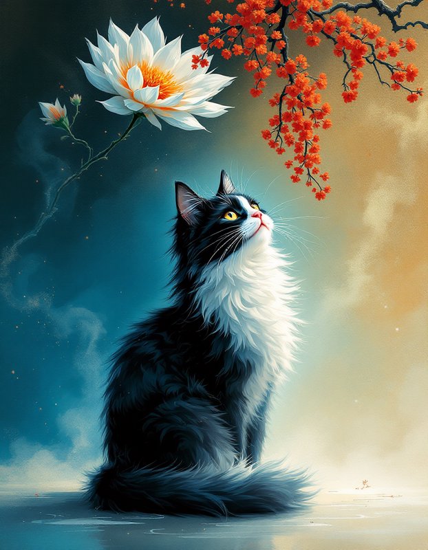 Black and white cat gazing at a white lotus-like flower with orange blossoms in a dreamy gradient background.