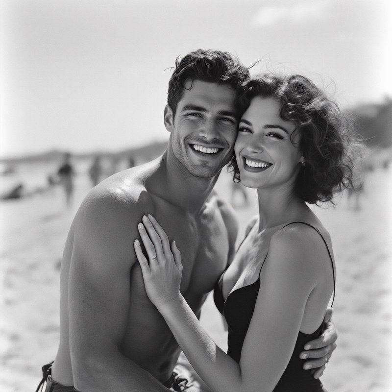 Smiling couple embracing on a sunny beach, man shirtless and woman in a black swimsuit.