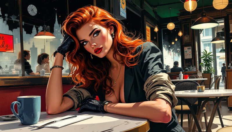 Stylized woman with red hair in a cafe, leaning on a table with a blue mug and moody warm lighting.