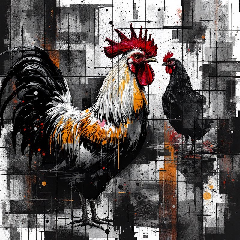Vibrant abstract painting of a colorful rooster with a black hen against a grayscale geometric background
