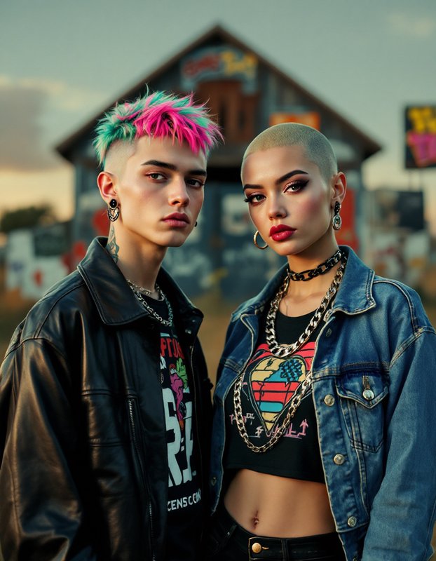 Two androgynous punk fashion individuals with vibrant hair posing in an urban carnival setting.