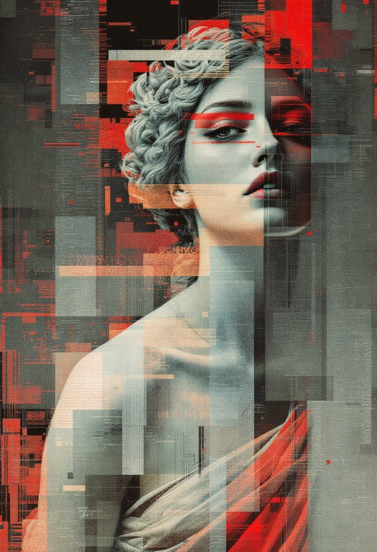 Glitch-art portrait of a classical female bust with red and teal digital blocks.