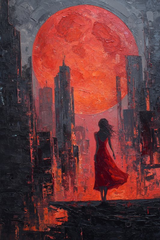 Silhouetted woman in a red dress stands on a ledge before a fiery red sun over a dark city skyline.