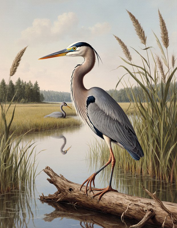 Heron standing on a log in a marsh, with reeds and calm water in a natural wetland scene