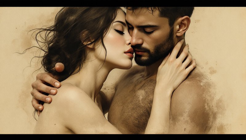 Close-up of an intimate couple embracing, faces inches apart against a warm beige background.