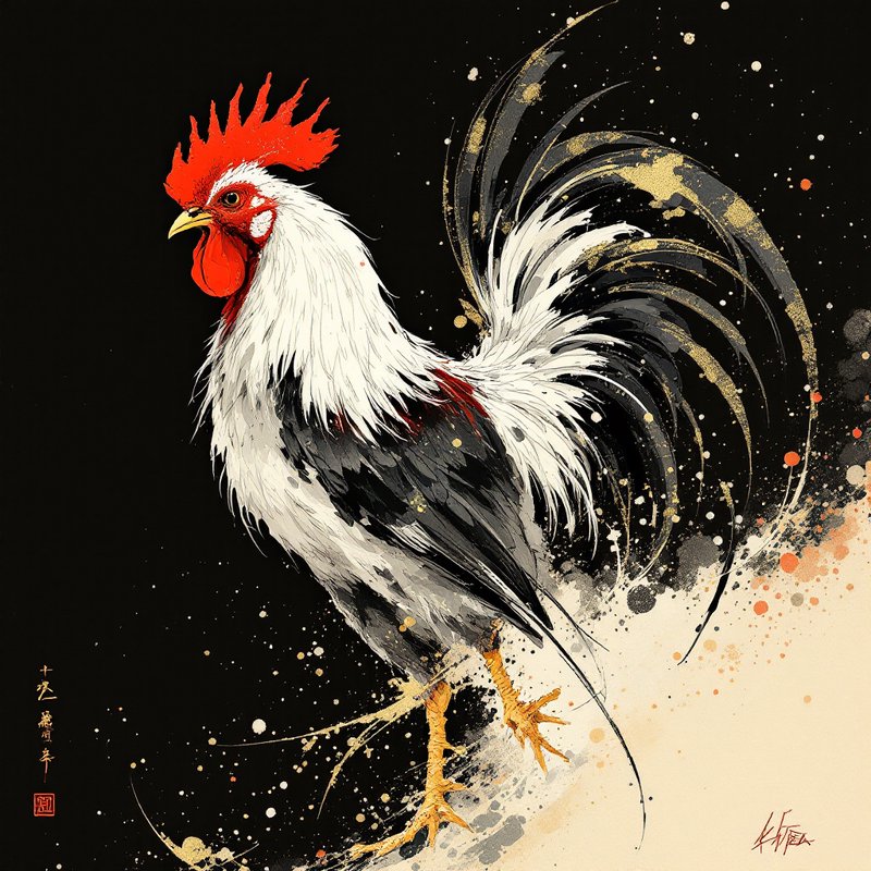 Stylized rooster with red comb and long flowing tail on a dark splattered background.