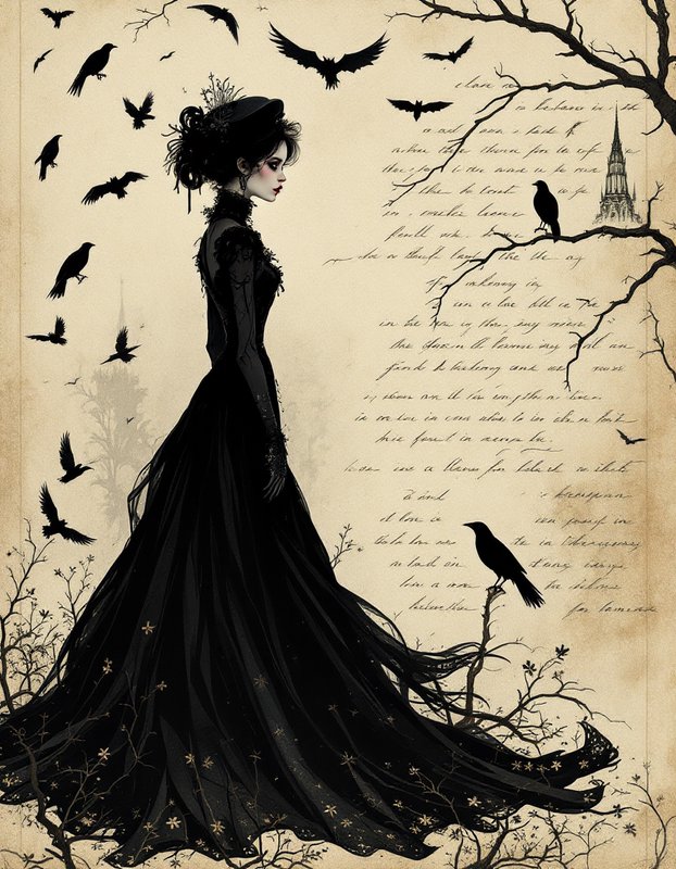 Silhouette of a Gothic woman in a flowing black Victorian dress among ravens and parchment-tinted background.