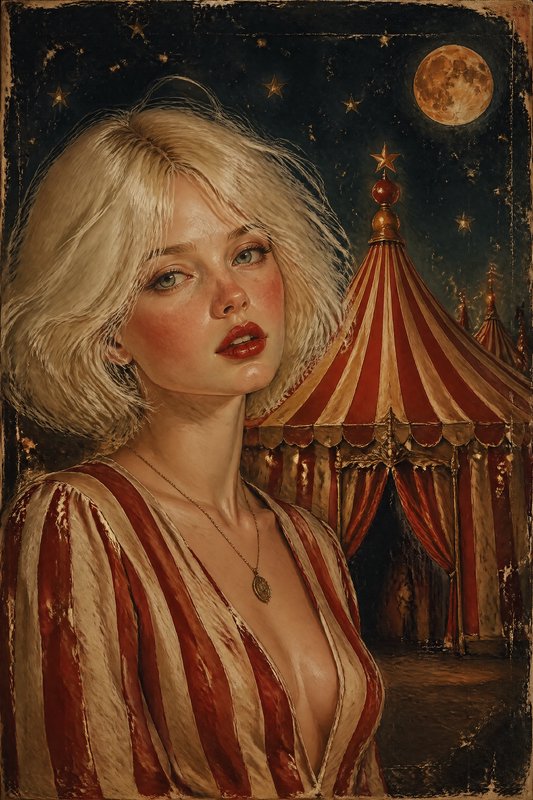 Portrait of a blonde woman in a striped circus tent backdrop under a moonlit night.