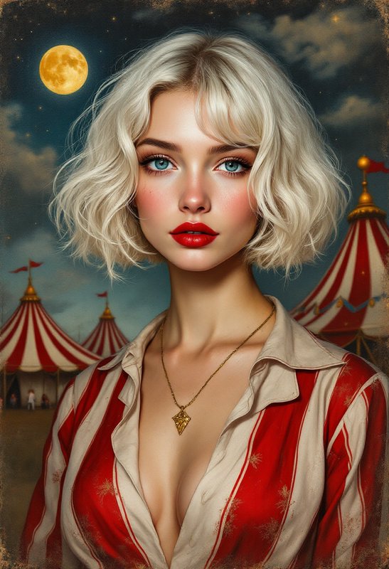 Portrait of a blonde woman with blue eyes and red lips in a red-and-beige striped shirt at night.