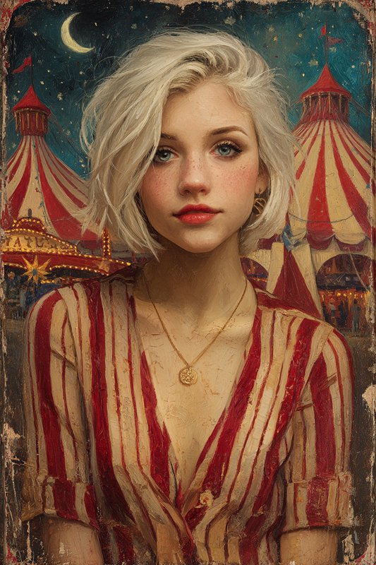 Portrait of a young woman with short platinum blonde hair in a red-and-beige striped blouse, circus tents in the background.