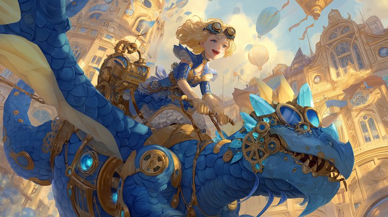 Vibrant anime-influenced illustration fused with steampunk concept art detailing and painterly gaslight warmth, combining cel-shaded dragon pop exuberance with baroque brass filigree precision and sapphire crystal luminosity. Cobalt blue and radiant gold palette with iridescent scale textures, glowing gem accents, volumetric steam clouds, and sparkling light diffusion creating a grand retrofuturist dragon pop imperial fantasy bursting with whimsical opulence.
A colossal eastern dragon with iridescent cobalt and gold scales adorned with brass gear medallions, sapphire crystal horns, glowing blue goggle lenses, and jeweled armor plating, jaws open joyfully as a crowned blonde princess in a layered blue and gold steampunk corset gown holding a crystal scepter rides triumphantly atop its neck, both radiating playful regal energy.
Scene set in a grand steampunk imperial cathedral city during a luminous golden celebration, soaring gothic arches and rose windows glowing with sapphire light, brass lampposts and zeppelins drifting through cloud-filled amber skies, cobblestone streets lined with blue and gold banners, crystal shards and steam wisps swirling around the dragon and its radiant sovereign.