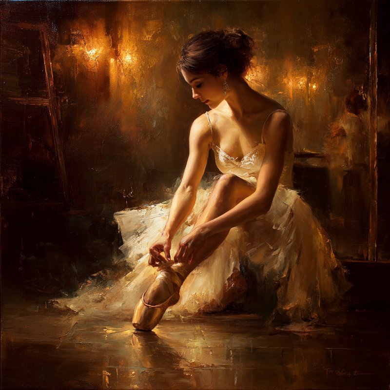 Loose impressionistic brushwork with visible painterly strokes combined with dramatic chiaroscuro lighting and warm sepia-toned glazes, creating a romantic figurative oil painting effect. The result should manifest as soft edges dissolving into shadow, golden rim light catching skin and fabric, rich umber and ochre backgrounds with sculptural light modeling, and an intimate atmospheric quality reminiscent of classical ballet imagery.
A graceful young ballerina with dark hair pulled into a neat bun, seated on the floor in a quiet moment of preparation, knees drawn up as she fastens the satin ribbons of her pointe shoe, wearing a fitted ivory bodice with a voluminous tulle skirt cascading around her, head tilted downward in serene concentration, delicate earring catching the light.
Scene set in a dim backstage studio during a golden hour rehearsal break, with warm amber light streaming from an unseen source casting long dramatic shadows, featuring a softly textured ochre and umber wall, a polished wooden floor reflecting subtle highlights, dust motes suspended in the beam of light, and an overall hushed, contemplative atmosphere of artistic devotion.