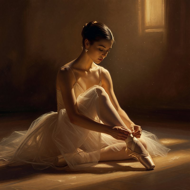 Loose impressionistic brushwork with visible painterly strokes combined with dramatic chiaroscuro lighting and warm sepia-toned glazes, creating a romantic figurative oil painting effect. The result should manifest as soft edges dissolving into shadow, golden rim light catching skin and fabric, rich umber and ochre backgrounds with sculptural light modeling, and an intimate atmospheric quality reminiscent of classical ballet imagery.

A graceful young ballerina with dark hair pulled into a neat bun, seated on the floor in a quiet moment of preparation, knees drawn up as she fastens the satin ribbons of her pointe shoe, wearing a fitted ivory bodice with a voluminous tulle skirt cascading around her, head tilted downward in serene concentration, delicate earring catching the light.

Scene set in a dim backstage studio during a golden hour rehearsal break, with warm amber light streaming from an unseen source casting long dramatic shadows, featuring a softly textured ochre and umber wall, a polished wooden floor reflecting subtle highlights, dust motes suspended in the beam of light, and an overall hushed, contemplative atmosphere of artistic devotion.