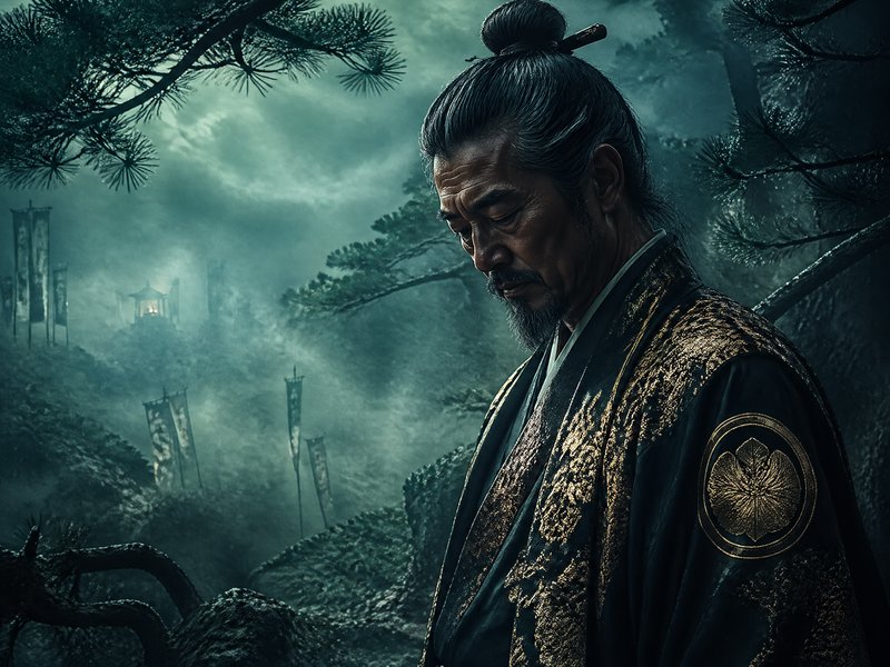Painterly cinematic realism with atmospheric chiaroscuro lighting and meticulous textural detail, combined with stylized woodblock-inspired composition featuring layered depth and misty negative space, creating a contemplative portrait that bridges Eastern and Western traditions. The result should manifest as ethereal teal-green ambient illumination, intricate gold brocade rendering, soft volumetric mist, and a melancholic painterly atmosphere with photographic clarity in the central figure.

A distinguished mature man with silver-streaked dark hair pulled back into a traditional topknot, weathered features marked by a neatly trimmed graying goatee and downcast contemplative eyes, wearing an ornate dark robe adorned with elaborate gold embroidered patterns and a circular family crest, head slightly bowed in solemn reflection, conveying weight of leadership and quiet sorrow.

Scene set deep within an ancient mist-shrouded forest at twilight, with cool teal and emerald atmospheric haze enveloping the surroundings, featuring softly blurred pine boughs and gnarled branches framing the figure, ethereal light filtering through dense fog, dewdrops clinging to needles, evoking solitude, tradition, and the silent gravity of an unseen battlefield beyond the trees.