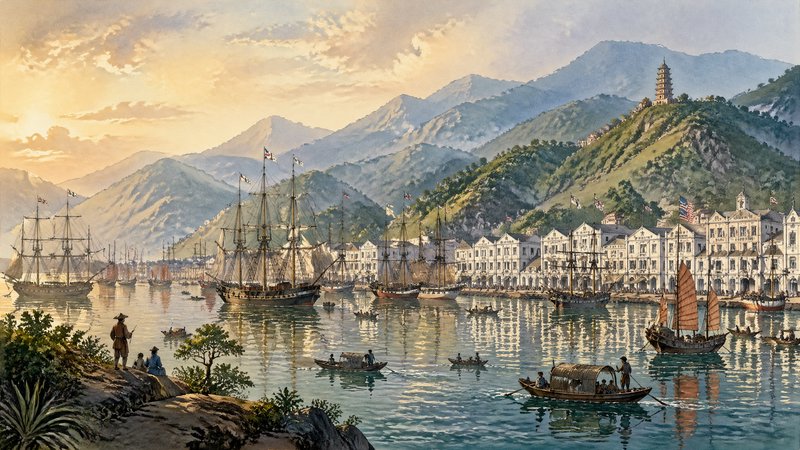 Historic harbor scene with sailing ships, hillside town, and mountains at sunset