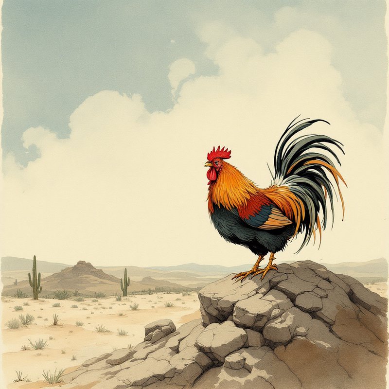 Colorful rooster standing on a rocky outcrop in a desert landscape