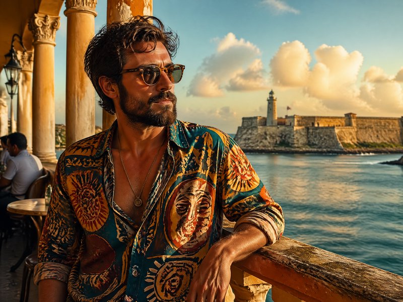 Man with sunglasses in a patterned tropical shirt leaning on a seaside railing at sunset, fortress in the background.