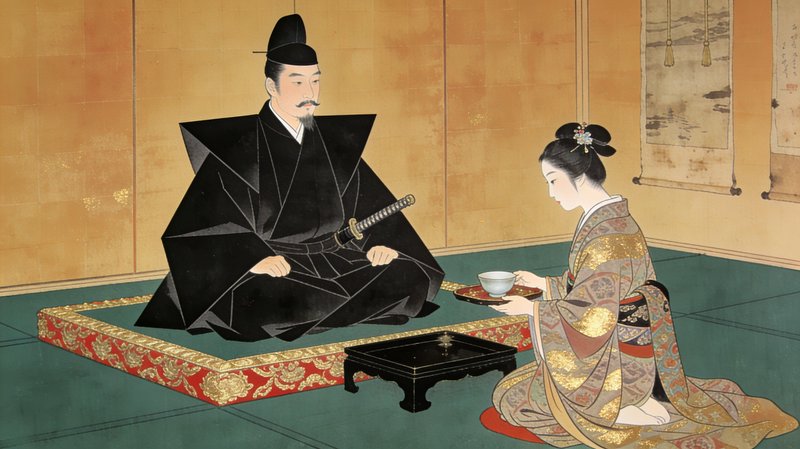 Refined ink-and-mineral-pigment technique on silk combined with stylized geometric robe construction and flat decorative patterning, creating a hieratic ceremonial portrait effect. The result should manifest as a Muromachi-era nise-e formal portrait with crisp black sumi outlines, subtle facial modeling through delicate line work, broad sweeping silhouettes built from triangular volumes, gold leaf accents on textiles, and muted earth-tone backgrounds evoking aged silk hanging scrolls.

A dignified Japanese nobleman with a composed expression and faint mustache, seated in formal cross-legged repose, wearing a voluminous black silk court robe with sharply structured angular shoulders, a small black eboshi cap atop his head, a sheathed tantō resting across his lap, while a graceful geisha kneels beside him in seiza posture, draped in a flowing patterned kimono with an elaborate obi, hair pinned with ornaments, delicately presenting a small ceramic tea bowl on a lacquered tray with both hands.

Scene set within a sparse aristocratic chamber during a quiet ceremonial afternoon, with a warm ochre-brown backdrop of aged silk paneling, the figures resting upon a deep emerald tatami platform edged with brocade trim in gold and crimson, a low black-lacquer tea tray between them, soft diffused light, no shadows, atmosphere of stillness, refined ritual, and quiet authority.