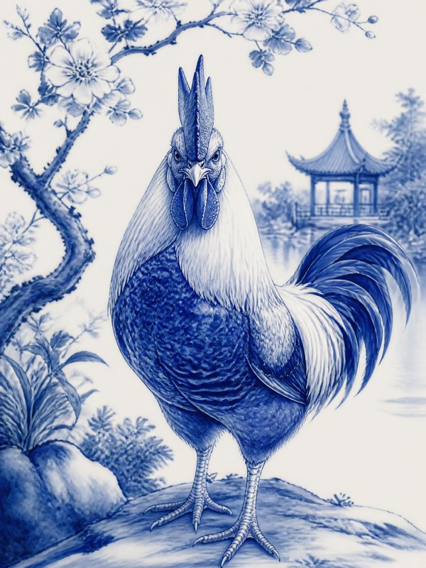 Cerulean Porcelain
STYLE: "A fusion of Johannes Vermeer + Ming dynasty porcelain painting + blue and white ceramic technique where subjects are rendered with exquisite attention to light and shadow using only variations of cobalt blue against pristine white backgrounds. The rendering employs ceramic-like smooth surfaces with fine brushwork creating detailed patterns in shadow areas reminiscent of traditional porcelain decoration. Original subjects and settings remain completely unchanged, enhanced only by the monochromatic blue palette and luminous quality suggesting translucent glaze surfaces."


rooster - staring the camera down
