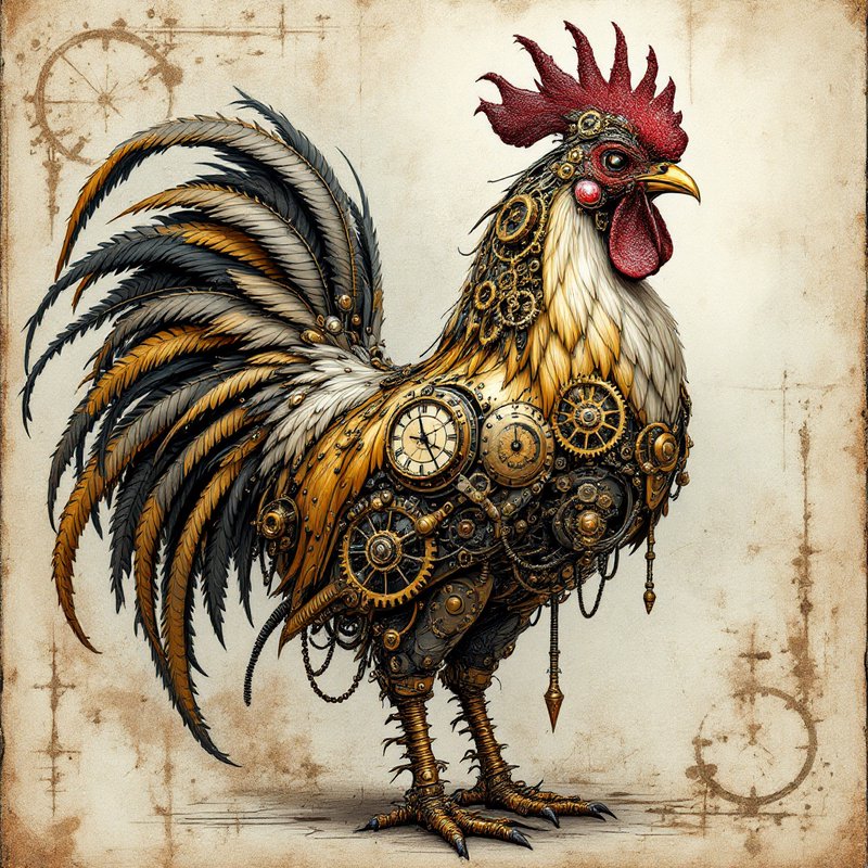 Steampunk rooster adorned with gears and ornate metalwork, standing on a vintage parchment background.