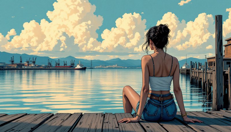 Woman sits on a wooden dock by calm blue water, back view in a crop top and jeans.