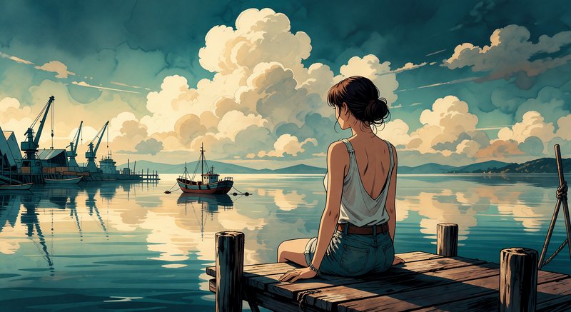 Young woman sits on a wooden dock overlooking a calm harbor at sunset with boats and cranes in the distance.