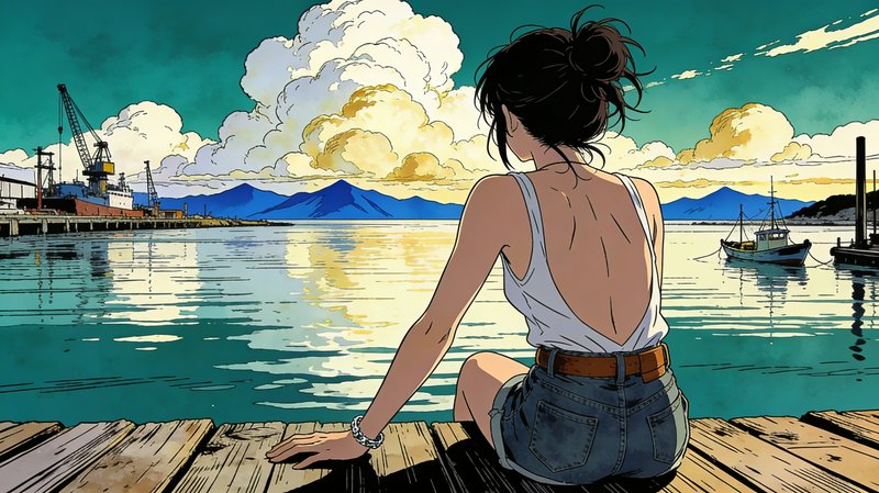 Woman sitting on a wooden dock beside a calm harbor at sunset with distant mountains.