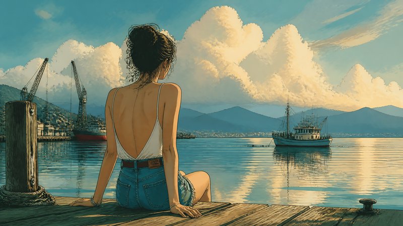 Woman sitting on a wooden dock overlooking a calm harbor with boats and distant mountains.