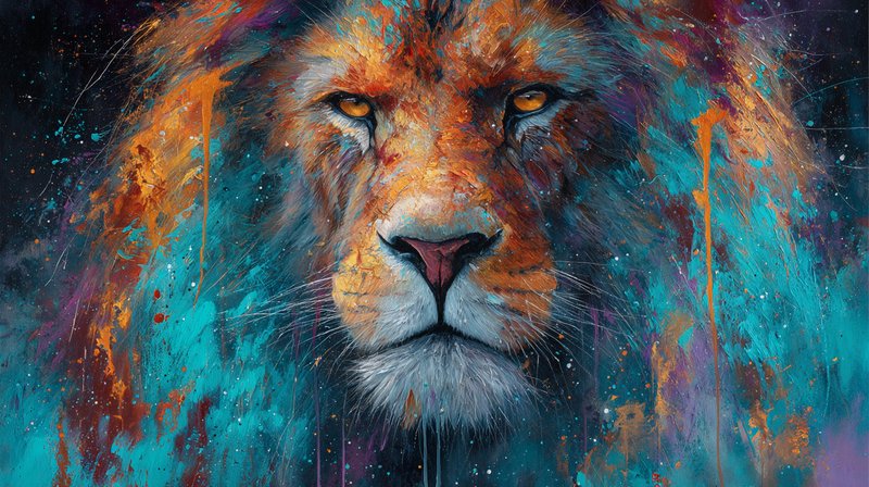 Vibrant abstract portrait of a lion with blue, orange, and purple splashes.