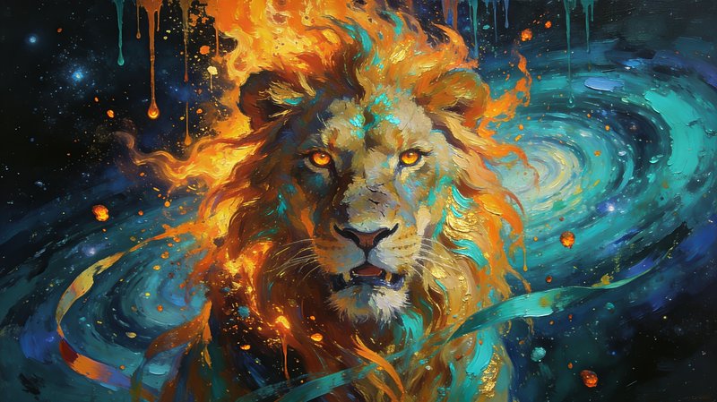 Vibrant painting of a majestic lion with a fiery mane against a swirling cosmic blue and turquoise background