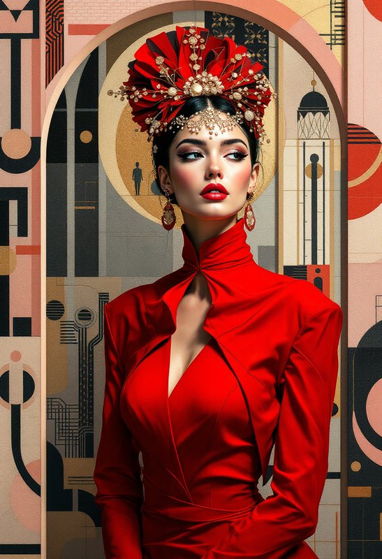Woman in a vivid red dress with an ornate jeweled headdress against a geometric mural backdrop.