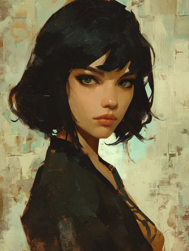 Stylized portrait of a young woman with short black hair and warm makeup against an abstract textured background.
