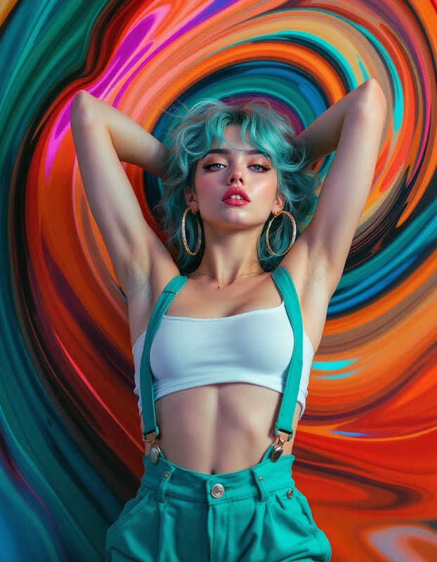 Woman with turquoise hair and suspenders posing against a vibrant swirling color background.