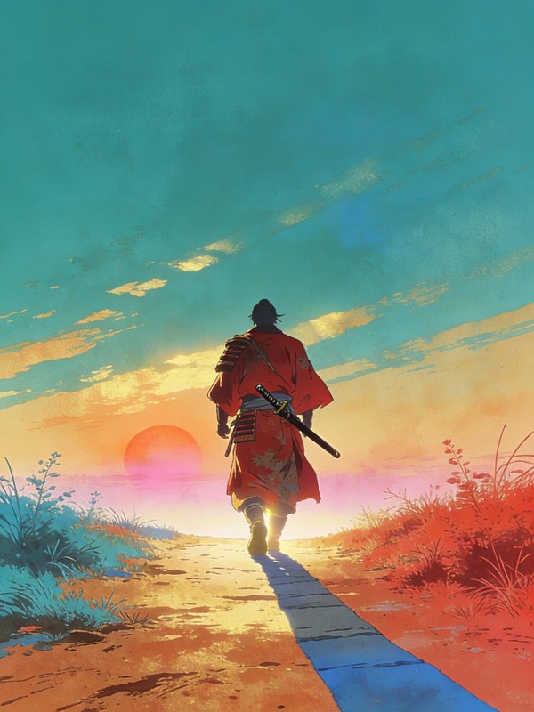 Silhouette of a samurai in a red cloak walking along a path toward a colorful sunset with a sword on their back.