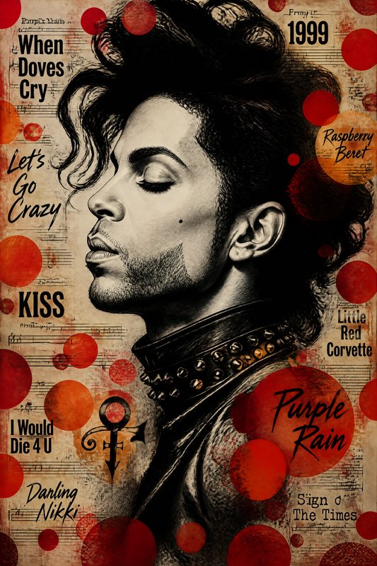 Stylized black-and-white portrait of a male musician wearing a studded choker, surrounded by red circular motifs and