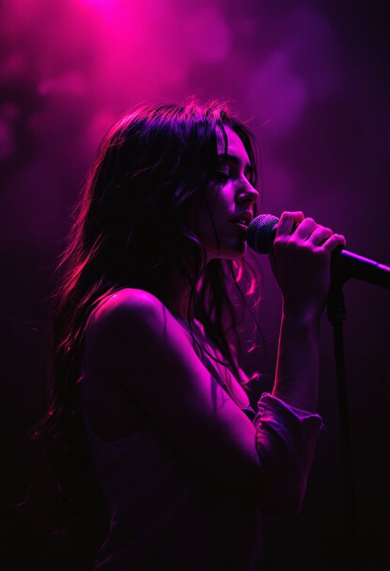 A female singer silhouette under pink-purple stage lights, holding a microphone.