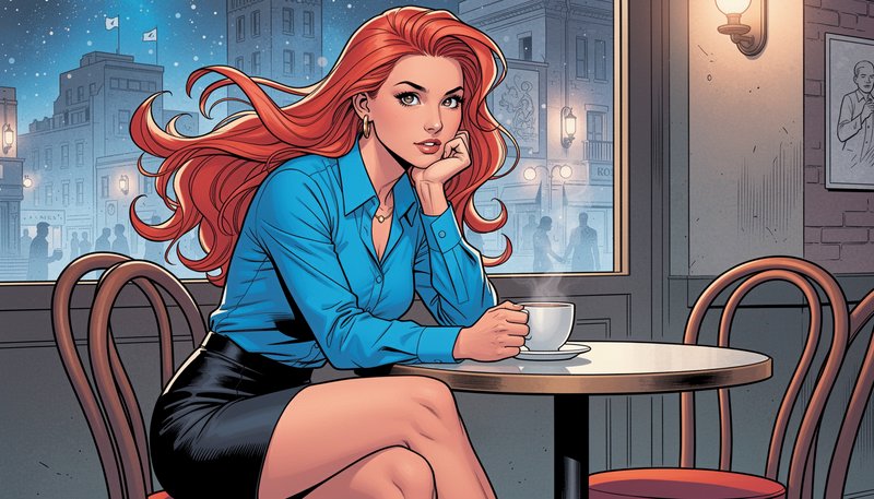 STYLE:
"Rendered in a comic book style that blends the dynamic energy of Jack Kirby, the clean precision of Jim Lee, the surreal elegance of Steve Ditko, and the dramatic contrast of Frank Miller. This fusion incorporates the vibrant, painterly realism of Alex Ross, the atmospheric palette of Dave Stewart, and the retro-modern clarity of Darwyn Cooke. Moebius's intricate linework and surreal environments meet the minimalist-yet-expressive style of Fiona Staples to create a balanced and engaging composition. The result is a visually striking aesthetic with bold, clean linework, high-contrast colors, expressive shading, and dynamic storytelling that captures both motion and emotion. Lighting is sharp and directional, drawing focus to the subject while atmospheric effects and simplified backgrounds maintain clarity and dramatic impact."
SUBJECT:
"Direct eye contact with a fashionable woman with long red hair, depicted with the dramatic flow and exaggerated highlights characteristic of Jack Kirby and Steve Ditko. Sitting sideways at a café table, her pose reflects the anatomical precision of Jim Lee, while her thoughtful expression carries the emotional nuance of Will Eisner. She wears a short skirt, legs crossed, and one hand rests thoughtfully under her chin, with her blue blouse rendered in vibrant tones reminiscent of Alex Ross. The use of bold outlines and expressive cell shading adds depth and dynamism to her form. The coffee cup in her hand features minimalist yet evocative details, emphasizing graphic clarity."
ENVIRONMENT:
"A street-side café setting in an urban area, rendered with the intricate and slightly surreal linework of Moebius combined with the simplified, bold shapes and vibrant blocks of color inspired by Darwyn Cooke and Fiona Staples. The light-colored buildings feature clean, stylized lines, while large windows and outdoor seating are depicted with subtle, atmospheric shading in the vein of Dave Stewart. Scattered people in the background are loosely outlined, their movements and postures expressive and dynamic, reflecting Jack Kirby's energy and Steve Ditko's fluidity. Vibrant orange awnings pop against the lightly detailed cityscape, with shadows and lighting designed to evoke Frank Miller’s high-contrast drama. The overall environment complements the subject, maintaining focus while enriching the scene with layered depth and visual storytelling."