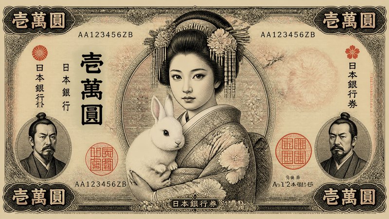 Bold sumi-e ink wash brushwork meets refined intaglio engraving line work, fused with classical banknote guilloché patterns and selective vermillion accents. Fine parallel hatching, ornate filigree borders, and microprint detailing create authentic currency aesthetic. The result manifests as a monochromatic engraved portrait with crimson focal elements, framed by intricate geometric rosettes and scrollwork, evoking official Japanese legal tender with ceremonial gravitas and meticulous lithographic precision.

A young woman in an ornate floral kimono rendered in delicate engraved line work, hair styled in elaborate traditional updo adorned with silver kanzashi ornaments, gently cradling a fluffy white rabbit against her chest, her expression serene and composed, gazing directly forward with quiet dignity, flanked by smaller portrait vignettes of stern-faced men in dark robes with topknots and facial hair positioned within decorative oval medallions on either side.

Scene set within a rectangular Japanese banknote layout featuring ornate guilloché border patterns, large kanji denomination numerals in corners, vertical Japanese text reading Nippon Ginko along the edges, intricate cherry blossom watermark motifs in the background, official seals stamped in red ink, serial numbers and microprint security features, atmosphere of formal currency design, with cream and pale gold paper tones throughout.