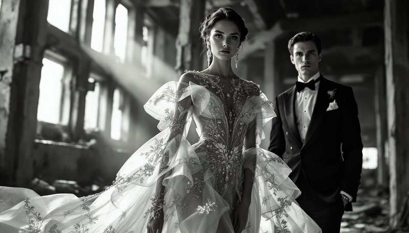 Black-and-white bridal portrait with an ornate gown and a tuxedoed groom in an industrial setting.