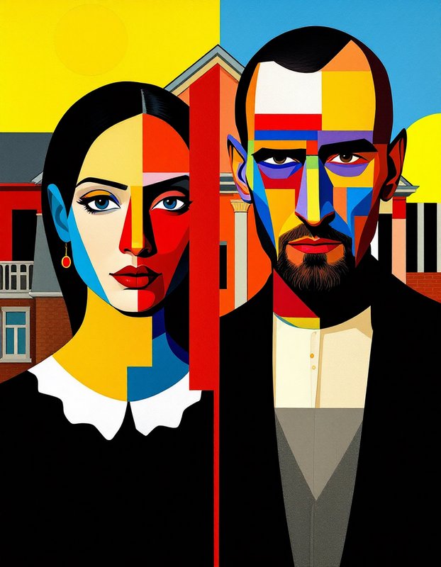 Colorful cubist-style portrait of a man and woman with bold geometric shapes.