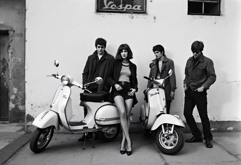 Black-and-white photo of four stylish young adults with Vespa scooters against a plain wall.