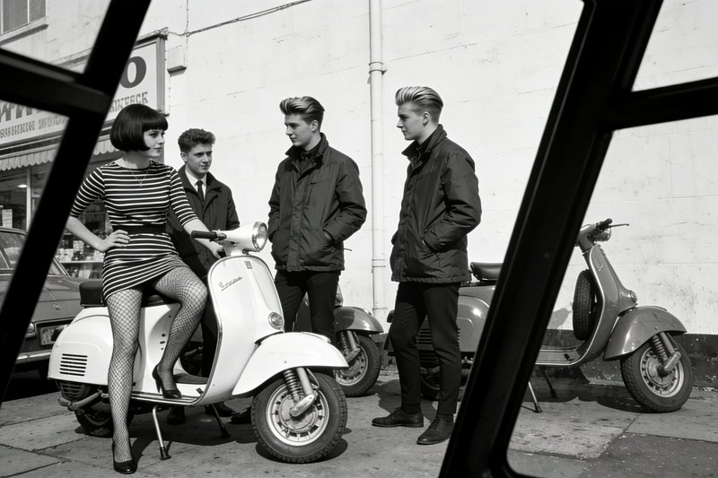 Black-and-white 1950s street scene with a woman in a striped dress on a Vespa and three men in jackets nearby.