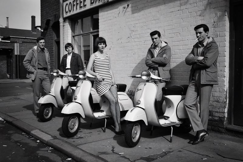 Vintage 1960s street scene with five people and white scooters in front of a cafe.