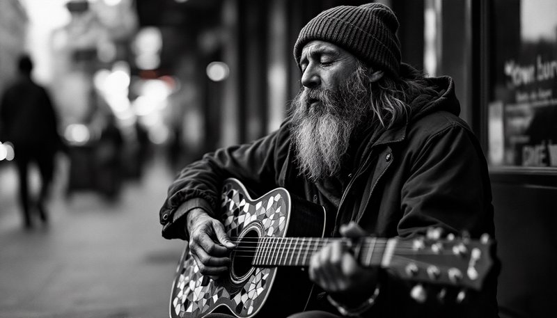 Black-and-white photo of an elderly bearded man playing an acoustic guitar on a city sidewalk.